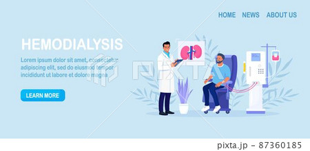 Hemodialysis equipment for treatment renal diseases failure. Cleansing and transfusion of blood through a dialysis machine. Doctor conducting hemodialysis. Patient getting a kidney disease treatment Hemodialysis equipment for treatment renal diseases failure. Cleansing and transfusion of blood through a dialysis machine. Doctor conducting hemodialysis. Patient getting a kidney disease treatment 87360185