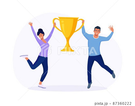 Happy Man and Woman Holding Golden Goblet. Winners Celebrating Victory. Businessmen with Prize, Golden Trophy Cup. Successful People Win Award. Celebration Business Team Success, Goal Achievement 87360222