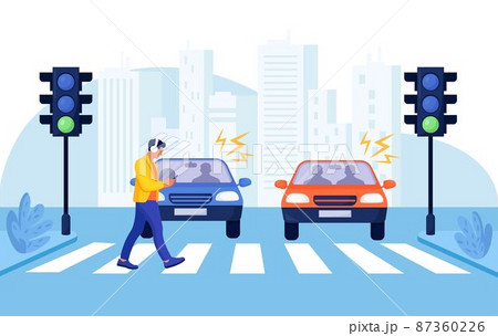 Crosswalk accident with pedestrian. Man with smartphone and headphones crossing road on red traffic lights. Road safety. Car vehicle accident danger, street traffic rules. Urban lifestyle 87360226