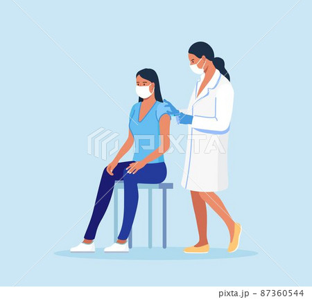 Medical doctor in protective facial mask, gloves injecting a patient, giving a coronavirus vaccine to woman. People vaccination for immunization against covid-19 87360544