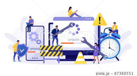 System Update. Tiny programmers upgrading operating system. IT specialists updating software, programs and applications. Technical error and service. Computer, phone screen with updating progress bar 87360551