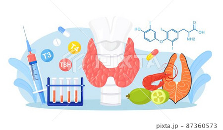Hypothyroidism, hyperthyroidism concept. Thyroid gland examination, blood test on hormones. Thyroid disease treatment. Iodine diet with feijoa, salmon, shrimp Hypothyroidism, hyperthyroidism concept. Thyroid gland examination, blood test on hormones. Thyroid disease treatment. Iodine diet with feijoa, salmon, shrimp 87360573