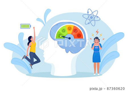 Stress Level, Mood Scale. Tired Exhausted Overworked and Happy, Energetic Productive Woman with Full Energy Battery. Burnout and Increased Productivity. Depressed and Mental Illness 87360620
