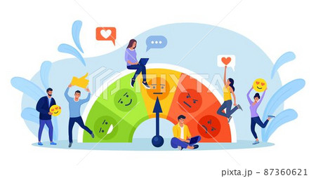 Customer Satisfaction Meter with Emotions Icons. Survey Clients, Customers Review Rating and Best Estimate of Performance. Concept of Client Feedback, Consumer Online report. User Experience 87360621