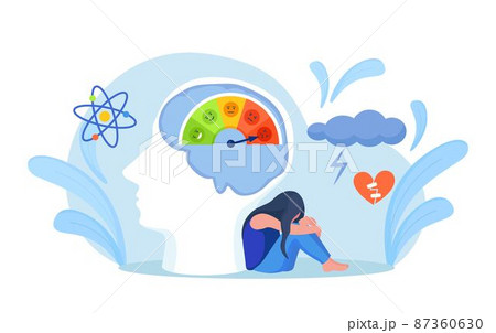 Scale with arrow from red to green and the scale of emotions, mood in head. Frustration and stress, emotional overload, burnout, overworking, depression. Tachometer, speedometer, indicators sign. 87360630