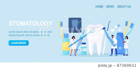 Dentists cleaning and treating big unhealthy tooth with caries cavity. Toothache. Stomatology, Dentistry concept. Doctors with professional instruments for check up and treatment. Dentist appointment 87360631