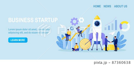 Successful startup launch. Space rocket flies up with graphs charts and diagram on background. Tiny businessmen developing business project with new ideas, vision, growth strategy, innovation 87360638