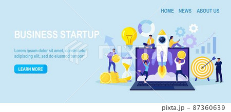Successful startup launch. Space rocket flies up with graphs charts and diagram on laptop screen. Tiny businessmen developing business project with new ideas, vision, growth strategy, innovation 87360639