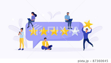 Customers giving feedback on laptop, man holding review star over his head. Five stars rating. Clients choosing satisfaction level. Reputation and quality and rating concept 87360645