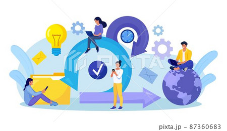 Scrum Framework concept. Scrum process diagram as agile software development scheme. Team discussing tasks at Kanban board and working on laptop. Business meeting. Project management work cycle 87360683