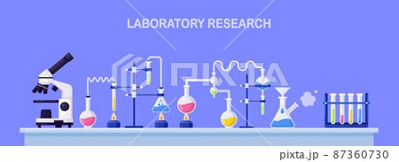 Chemistry lab equipment. Flasks, beakers, burner, microscope isolated on background. Science instruments for chemical or biological researching Chemistry lab equipment. Flasks, beakers, burner, microscope isolated on background. Science instruments for chemical or biological researching 87360730