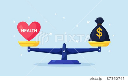 Money and health balance. Healthcare, wealth earning on scales. Money bag versus red heart on scale. Imbalance of lifestyle and work. Comparison of business stress and healthy life Money and health balance. Healthcare, wealth earning on scales. Money bag versus red heart on scale. Imbalance of lifestyle and work. Comparison of business stress and healthy life 87360745
