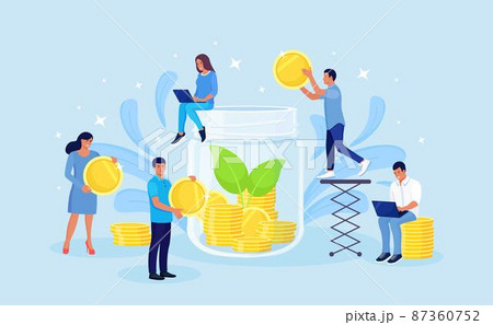 Volunteers giving money. Donation, charity, support concept. Tiny characters throw coins into huge glass jar for donate. People make savings, collecting currency in account, open bank deposit Volunteers giving money. Donation, charity, support concept. Tiny characters throw coins into huge glass jar for donate. People make savings, collecting currency in account, open bank deposit 87360752