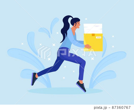 Businesswoman is fast running with documents in carton box. Time is money. Busy stressed woman rushing hurry to get on time. Work problem, deadline fail, overtime job. Businesswoman is fast running with documents in carton box. Time is money. Busy stressed woman rushing hurry to get on time. Work problem, deadline fail, overtime job. 87360767