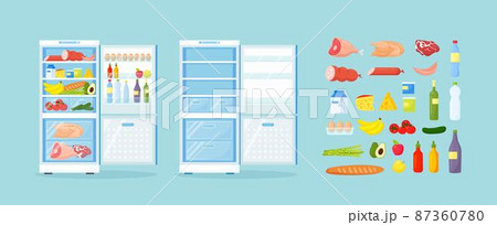 Empty and opened refrigerator with different healthy food. Fridge on Kitchen, freezer with meat on shelves 87360780