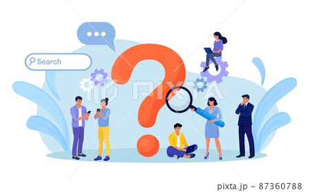Frequently asked questions, information retrieval. Business people ask questions using laptop, phone. Group of woman and man look for answers around big question mark. Faq concept 87360788