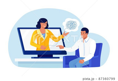 Online psychotherapy. Psychologist doctor helps patient to unravel tangled thoughts. Psychological problems, mental disorder, treatment of stress, addictions. Psychology counseling Online psychotherapy. Psychologist doctor helps patient to unravel tangled thoughts. Psychological problems, mental disorder, treatment of stress, addictions. Psychology counseling 87360799