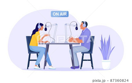 Radio host interviewing guests on radio station. Man and woman in headphones talking to microphones recording podcast in studio. Mass media broadcasting 87360824