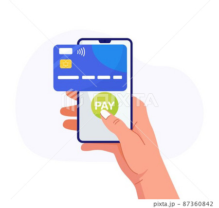 Pay by credit card via electronic wallet on phone. Mobile banking app, contactless payment. Hand holds smartphone with virtual bank card. Shopping by phone and connected credit card, digital money. 87360842