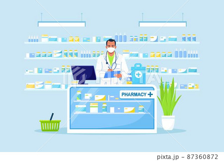 Doctor pharmacist standing behind the counter in the pharmacy. Drugstore interior. Pharmaceutical Industry Doctor pharmacist standing behind the counter in the pharmacy. Drugstore interior. Pharmaceutical Industry 87360872