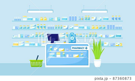 Pharmacy interior with counter and drug on shelves. Modern drugstore. 87360873