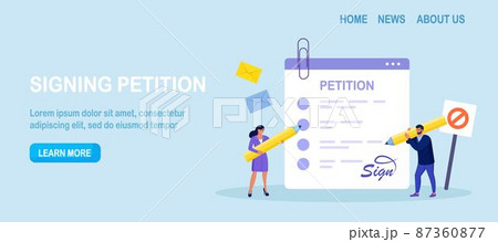 Petition form. People signing and spreading petition or complaint. Online balloting, making choice. Paper, democracy. Collective public appeal document addressed to government 87360877