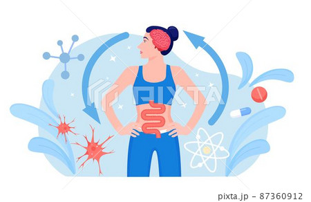 Gut brain connection. Interaction, cooperation and health effects from emotions and thoughts to stomach digestive system. Enteric nervous system in human body. Signals from brain to digestive tract 87360912