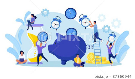 People putting clock into piggy bank. Time management planning, Deadline. Saving time techniques, tips and tricks for planning, scheduling. Work organization and business management. Times is money People putting clock into piggy bank. Time management planning, Deadline. Saving time techniques, tips and tricks for planning, scheduling. Work organization and business management. Times is money 87360944