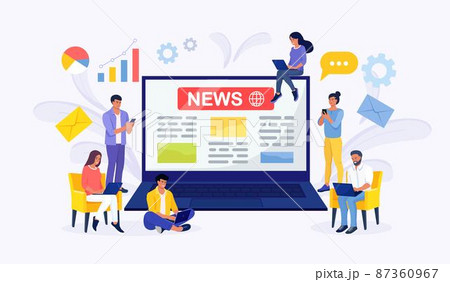 Online news content, electronic newspaper. Tiny people reading breaking news on big laptop screen. Information about activities, events, company announcements and information. Social media, news tips 87360967