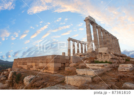 Temple of Poseidon at Sounion, Greece. Ruins and sky clouds Temple of Poseidon at Sounion, Greece. Ruins and sky clouds 87361810