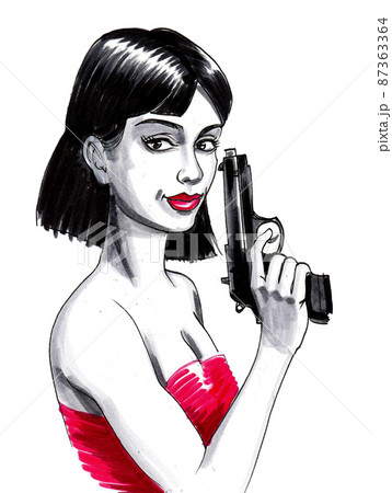 Pretty woman in dress Ink black and white illustration Stock Photo  Alamy
