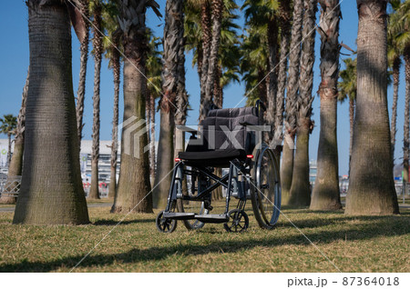 Empty wheelchair under palm trees on a sunny summer day. Empty wheelchair under palm trees on a sunny summer day. 87364018