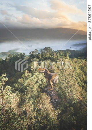 Velociraptor Dinosaur  in the  forest . 87364507