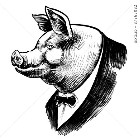 Rich pig in suit. Ink black and white drawing Rich pig in suit. Ink black and white drawing 87365082
