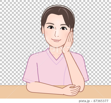 肘をついて考えている女性 87365377