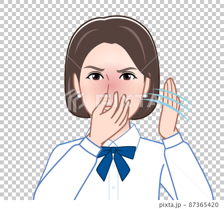 匂いが臭いとポーズをする女性 87365420
