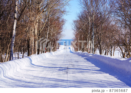 水平線に流氷が見える能取岬灯台　北海道 87365687