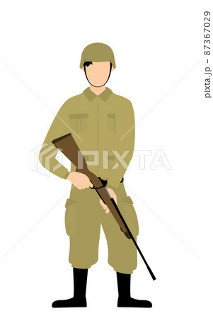 男性兵士のポーズ、ライフル銃を持って見張りに立つ 87367029