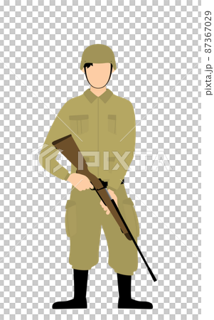 男性兵士のポーズ、ライフル銃を持って見張りに立つ 87367029