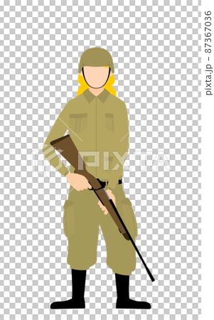 女性兵士のポーズ、ライフル銃を持って見張りに立つ 87367036