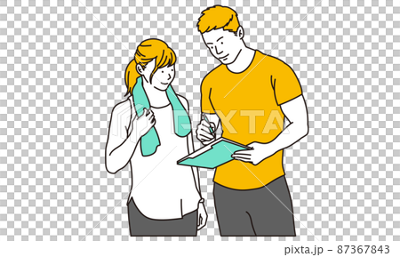 トレーニングのアドバイスをするパーソナルトレーナー 87367843