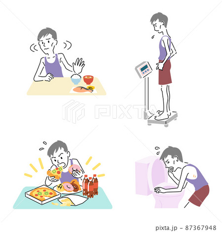 シンプルなタッチの摂食障害の若い男性のイラスト4点セット シンプルなタッチの摂食障害の若い男性のイラスト4点セット 87367948