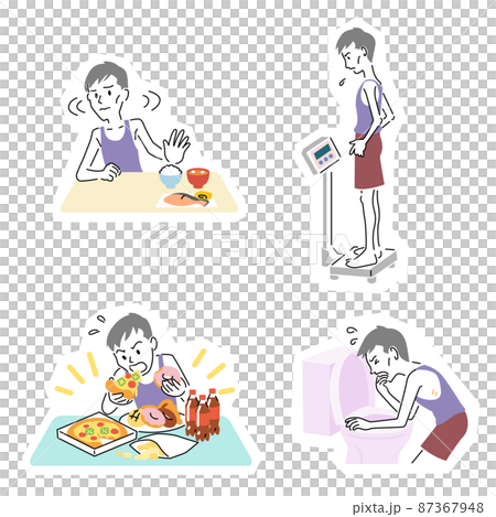 シンプルなタッチの摂食障害の若い男性のイラスト4点セット シンプルなタッチの摂食障害の若い男性のイラスト4点セット 87367948