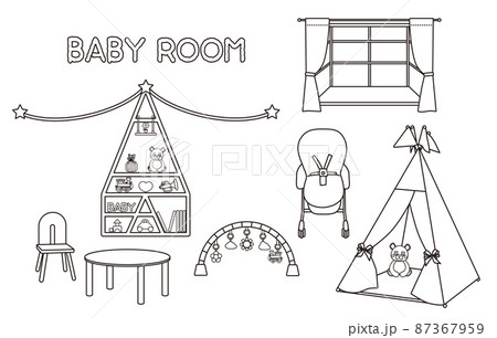 Baby Kids Room かわいいこども部屋 線画 シンプルラインのイラスト素材