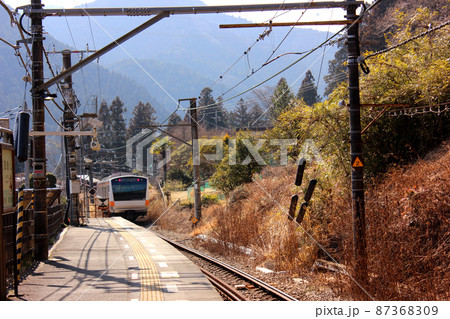 青梅線軍畑駅を発車した下り電車(3) 青梅線軍畑駅を発車した下り電車(3) 87368309