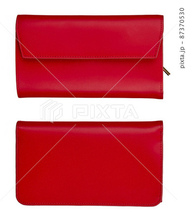 Set of two angles of a red women's leather wallet-purse, front and back, isolated on a white background. Set of two angles of a red women's leather wallet-purse, front and back, isolated on a white background. 87370530