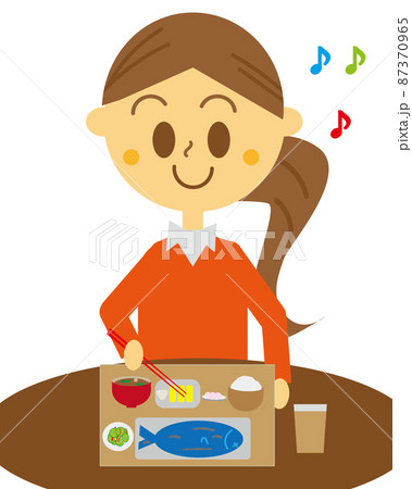 美味しそうに定食屋さんで焼き魚定食を食べる女性のイラスト 和食 副菜のイラスト素材 美味しそうに定食屋さんで焼き魚定食を食べる女性のイラスト 和食 副菜のイラスト素材