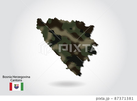 bosnia Herzegovina Cantons map with camouflage pattern, Forest / green texture in map. Military concept for army, soldier and war. coat of arms, flag. bosnia Herzegovina Cantons map with camouflage pattern, Forest / green texture in map. Military concept for army, soldier and war. coat of arms, flag. 87371381