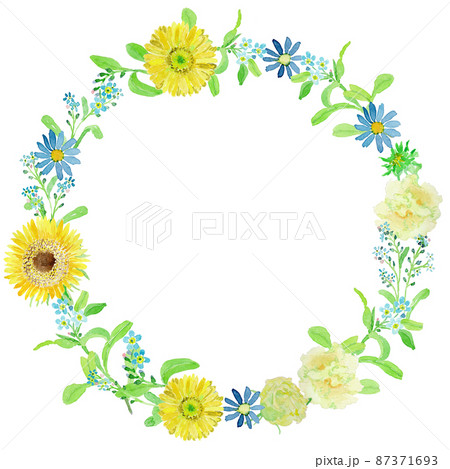 青い花と黄色い花のリースの水彩イラスト 87371693