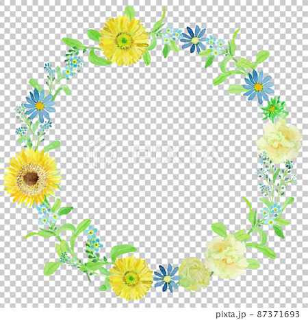 青い花と黄色い花のリースの水彩イラスト 87371693